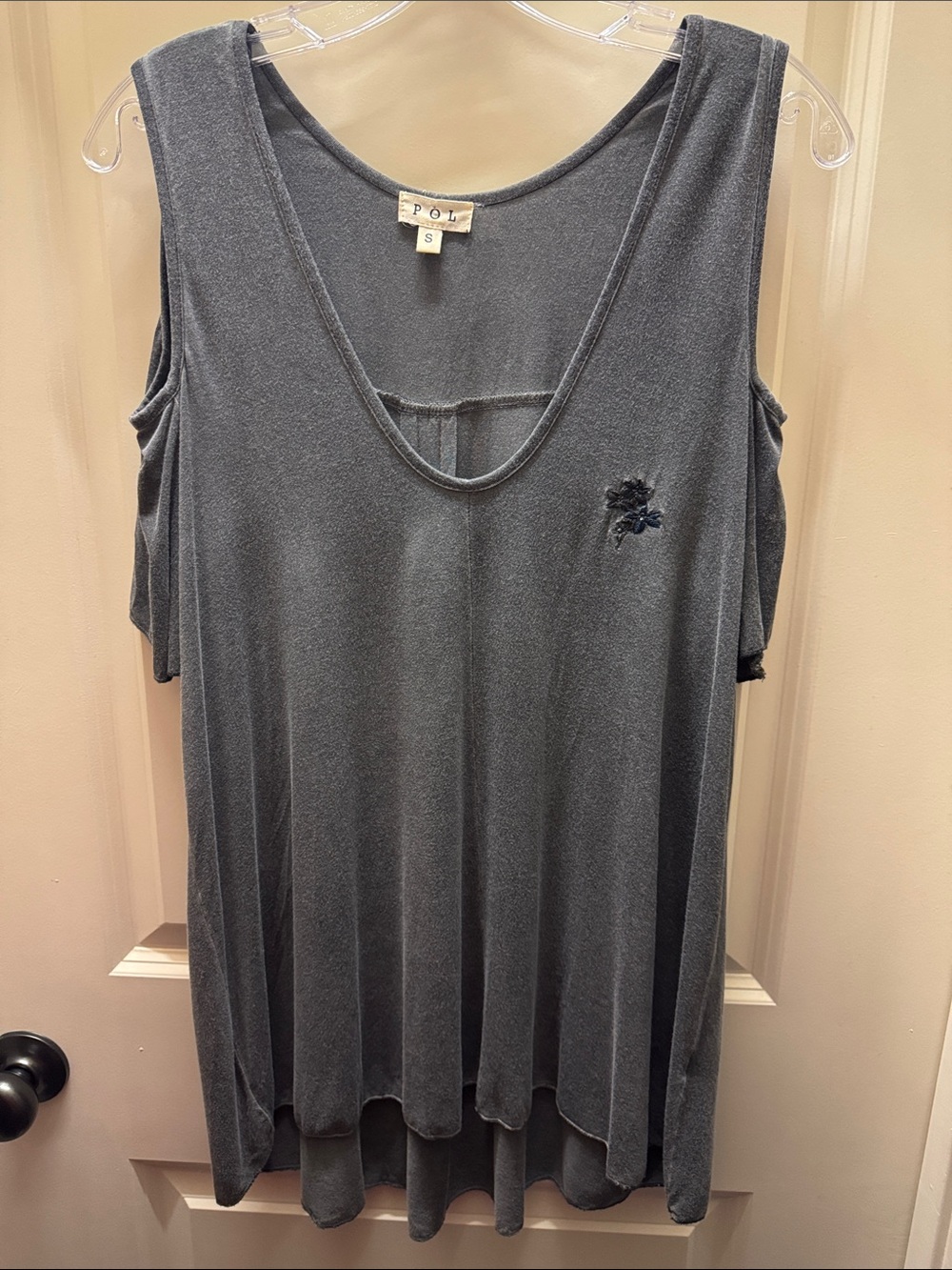 POL Charcoal Cold-Shoulder Scoop Neck Tank with Embroidered Detail